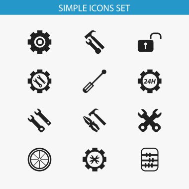 12 düzenlenebilir mekanik simgeler kümesi. Tornavida, Destek Merkezi, aritmetik ve daha fazlası gibi simgeler içerir. Web, mobil, UI ve Infographic tasarımı için kullanılabilir.