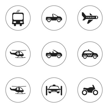 9 düzenlenebilir ulaşım simgeler kümesi. Motosiklet, helikopter, acil helikopter ve daha fazlası gibi simgeler içerir. Web, mobil, UI ve Infographic tasarımı için kullanılabilir.