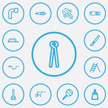 13 düzenlenebilir ekipman anahat simgeleri ayarlayın. El testeresi, tekerlek anahtarı, kazıyıcı gibi simgeler içerir. Web, mobil, UI ve Infographic tasarımı için kullanılabilir.
