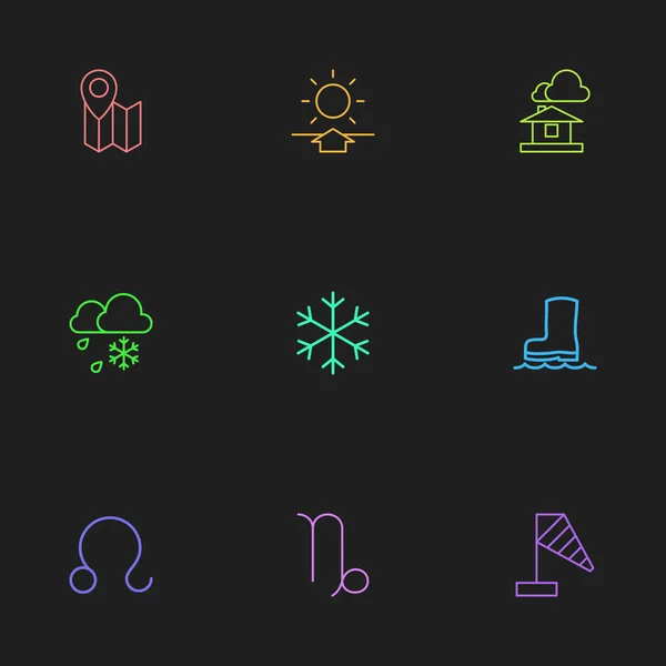 Ensemble de 9 icônes de contour du climat modifiables. Comprend des symboles tels que Freeze, Domicile, Snow Star et plus encore. Peut être utilisé pour le Web, mobile, interface utilisateur et infographie . — Image vectorielle