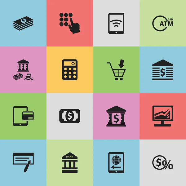 Sada 16 upravitelné finanční ikon. Obsahuje symboly, internetový prodej, architektura, statistiky a další. Lze použít pro webové, mobilní, Ui a infografika Design. — Stockový vektor