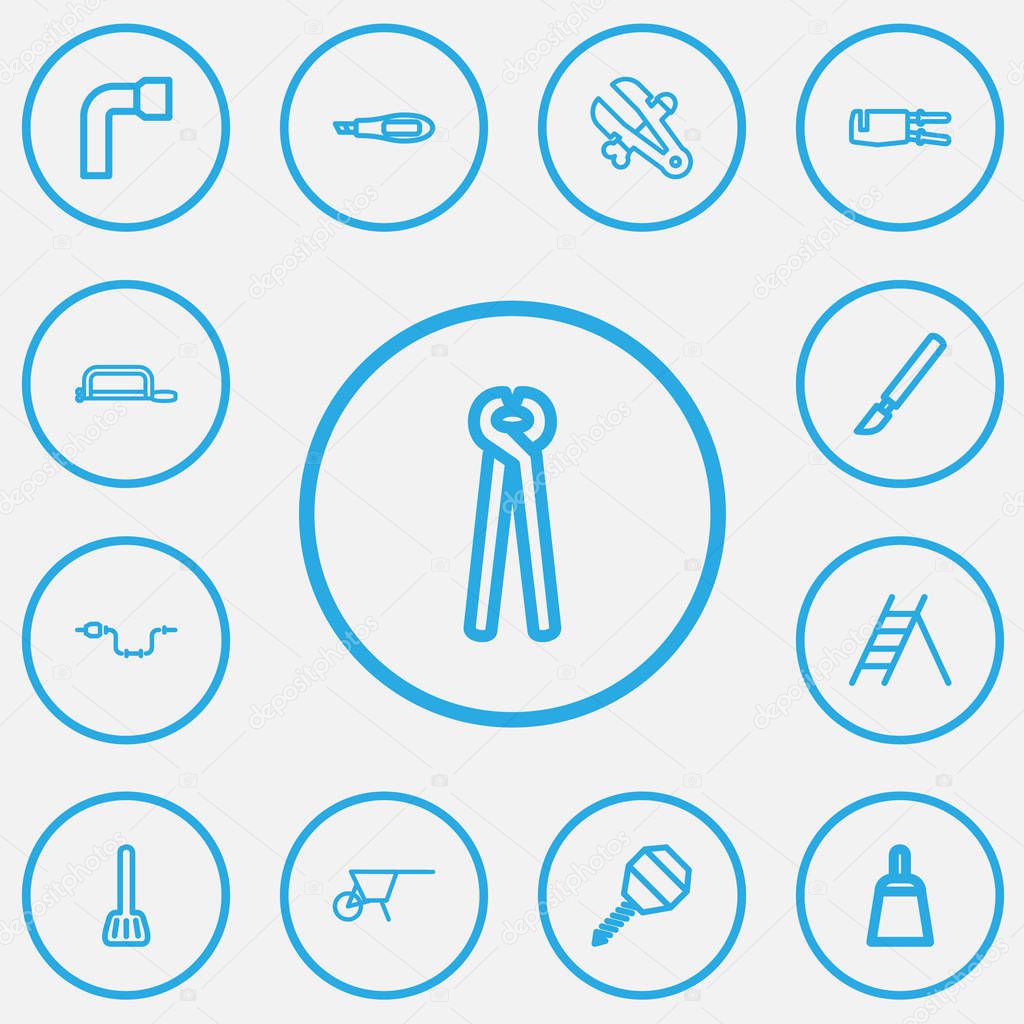 Set Of 13 Editable Equipment Outline Icons. Includes Symbols Such As Handsaw, Wheel Wrench, Scraper. Can Be Used For Web, Mobile, UI And Infographic Design.