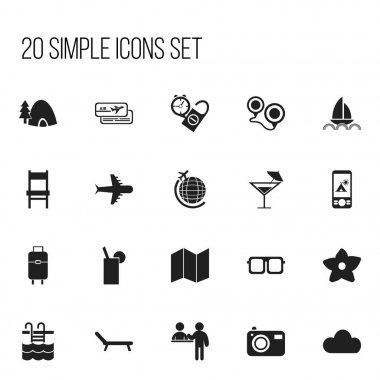 20 düzenlenebilir seyahat simgeler kümesi. Çadır gibi simgeler telefon, güneşlenme, yat ve daha fazlasını içerir. Web, mobil, UI ve Infographic tasarımı için kullanılabilir.