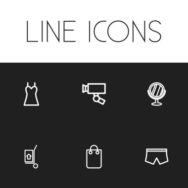 6 düzenlenebilir ticaret anahat simgeleri ayarlayın. Elbise, gözetim, ayna ve daha fazlası gibi simgeler içerir. Web, mobil, UI ve Infographic tasarımı için kullanılabilir.