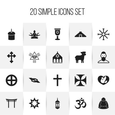 20 düzenlenebilir inanç simgeler kümesi. Sembolleri kurban koyun gibi artı daire, Feng Shui ve daha içerir. Web, mobil, UI ve Infographic tasarımı için kullanılabilir.