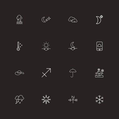 16 düzenlenebilir hava anahat simgeleri ayarlayın. Şapkalar, gece gökyüzünde, telefon ve daha fazlası gibi simgeler içerir. Web, mobil, UI ve Infographic tasarımı için kullanılabilir.