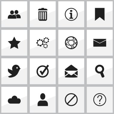 16 düzenlenebilir Internet simge kümesi. Büyüteç, yer imi, grup ve daha fazlası gibi simgeler içerir. Web, mobil, UI ve Infographic tasarımı için kullanılabilir.