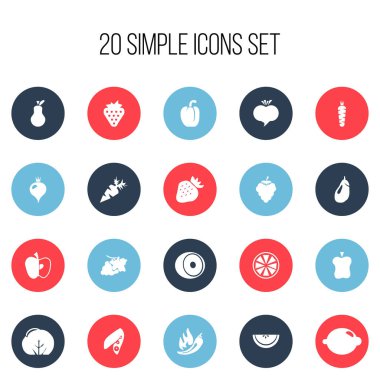 20 düzenlenebilir meyve simgeler kümesi. Kireç, patlıcan, şalgam ve daha fazlası gibi simgeler içerir. Web, mobil, UI ve Infographic tasarımı için kullanılabilir.
