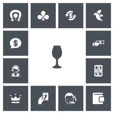13 düzenlenebilir kumar simgeler kümesi. Şarap, Coronet, Blackjack ve daha fazlası gibi simgeler içerir. Web, mobil, UI ve Infographic tasarımı için kullanılabilir.