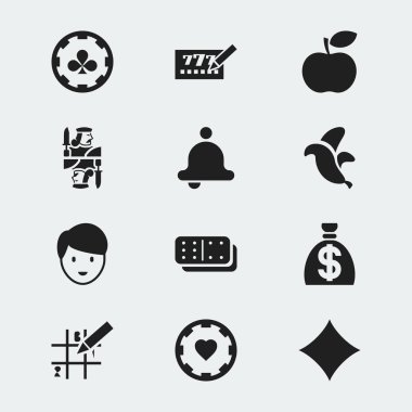 12 düzenlenebilir Casino simgeler kümesi. Yüzük, Casino işçi, elmas kartları ve daha fazlası gibi simgeler içerir. Web, mobil, UI ve Infographic tasarımı için kullanılabilir.