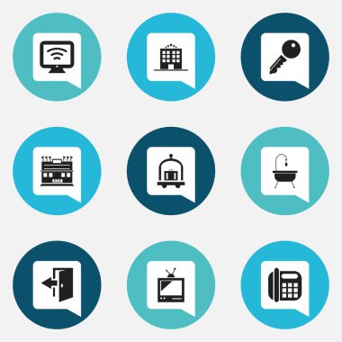 9 düzenlenebilir Hotel simgeler kümesi. Telefon, Outlet, ikamet ve daha fazlası gibi simgeler içerir. Web, mobil, UI ve Infographic tasarımı için kullanılabilir.