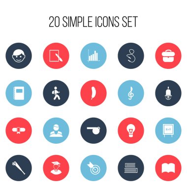20 düzenlenebilir eğitim simgeler kümesi. Evrak çantası, tüy, okuyan çocuk ve daha fazlası gibi simgeler içerir. Web, mobil, UI ve Infographic tasarımı için kullanılabilir.
