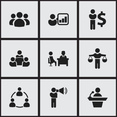 9 düzenlenebilir iş simgeler kümesi. Finans Müdürü, üye, ekip çalışması ve daha fazlası gibi simgeler içerir. Web, mobil, UI ve Infographic tasarımı için kullanılabilir.