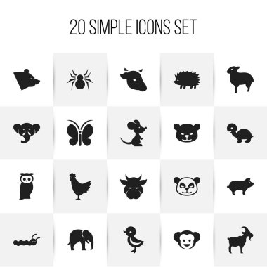 20 düzenlenebilir Hayvanat Bahçesi simgeler kümesi. Hatlı hayvan, hortum, maymun ve daha fazlası gibi simgeler içerir. Web, mobil, UI ve Infographic tasarımı için kullanılabilir.