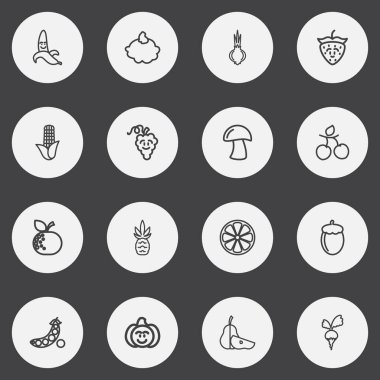 16 düzenlenebilir mutfak eşyaları anahat simgeleri ayarlayın. Ananas, muhallebi, bezelye ve daha fazlası gibi simgeler içerir. Web, mobil, UI ve Infographic tasarımı için kullanılabilir.