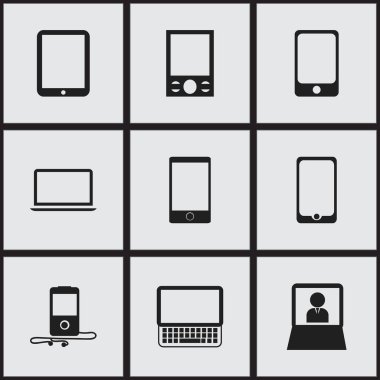 9 düzenlenebilir Gadget simgeler kümesi. Dokunmatik ekran, Laptop, Clavier ve daha fazlası gibi simgeler içerir. Web, mobil, UI ve Infographic tasarımı için kullanılabilir.