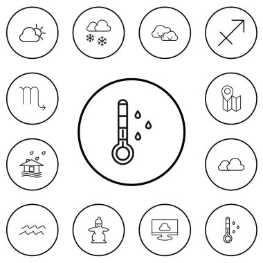 12 düzenlenebilir iklim anahat simgeleri ayarlayın. PIN, Archer, bulutlu gibi simgeler içerir ve daha fazlası. Web, mobil, UI ve Infographic tasarımı için kullanılabilir.