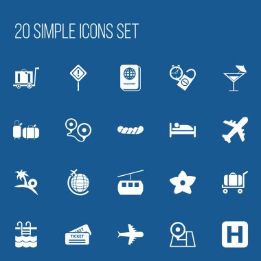 20 düzenlenebilir gezi simgeler kümesi. Teleferik, Bagaj, sepeti ve daha fazlası gibi simgeler içerir. Web, mobil, UI ve Infographic tasarımı için kullanılabilir.