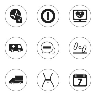 9 düzenlenebilir karmaşık simgeler kümesi. Kalp atışı, halter, kalp ritmi ve daha fazlası gibi simgeler içerir. Web, mobil, UI ve Infographic tasarımı için kullanılabilir.
