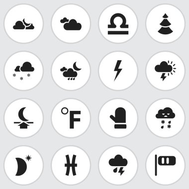 16 düzenlenebilir hava simgeler kümesi. Eldiven, yıldırım, Evergreen ve daha fazlası gibi simgeler içerir. Web, mobil, UI ve Infographic tasarımı için kullanılabilir.