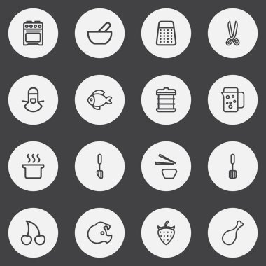 16 düzenlenebilir gıda anahat simgeleri ayarlayın. Balık, mala, Sashimi ve daha fazlası gibi simgeler içerir. Web, mobil, UI ve Infographic tasarımı için kullanılabilir.