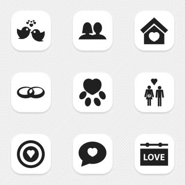 9 düzenlenebilir aşk simgeler kümesi. Sparrow, evlilik, Bina ve daha fazlası gibi simgeler içerir. Web, mobil, UI ve Infographic tasarımı için kullanılabilir.