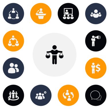 13 düzenlenebilir topluluk simgeler kümesi. Finans Müdürü, dostluk, liderlik ve daha fazlası gibi simgeler içerir. Web, mobil, UI ve Infographic tasarımı için kullanılabilir.