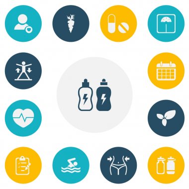 13 düzenlenebilir egzersiz simgeler kümesi. Yüzme, enerjik içecek, tarihi planı ve daha fazlası gibi simgeler içerir. Web, mobil, UI ve Infographic tasarımı için kullanılabilir.