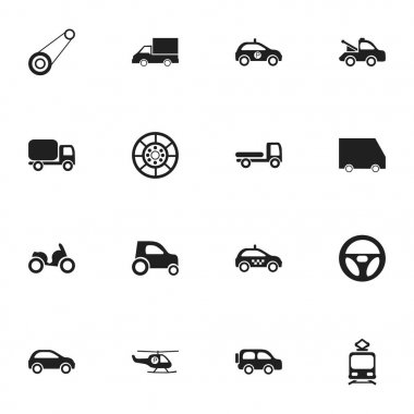 16 düzenlenebilir sevk irsaliyesi simgeler kümesi. Aile Jeep, Camion, tekerlek ve daha fazlası gibi simgeler içerir. Web, mobil, UI ve Infographic tasarımı için kullanılabilir.