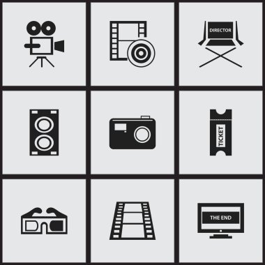 9 düzenlenebilir film simgeler kümesi. Sembolleri fotoğraf çekimi gibi kupon, kamera şerit ve daha fazlasını içerir. Web, mobil, UI ve Infographic tasarımı için kullanılabilir.