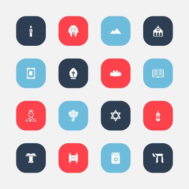 16 düzenlenebilir din simgeler kümesi. Papa şapkalar, Minare, baget ve daha fazlası gibi simgeler içerir. Web, mobil, UI ve Infographic tasarımı için kullanılabilir.