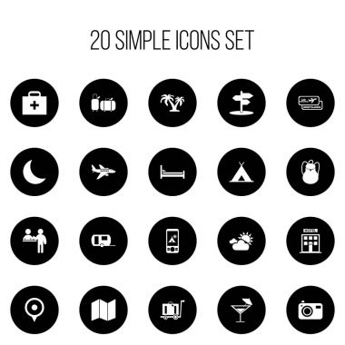 20 düzenlenebilir seyahat simgeler kümesi. Kayıt, kokteyl, fotoğraf ve daha fazlası gibi simgeler içerir. Web, mobil, UI ve Infographic tasarımı için kullanılabilir.