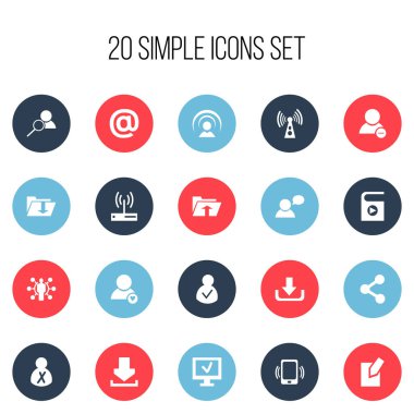 20 düzenlenebilir Internet simge kümesi. Bilgisayar, engellenen kişi, akıllı telefon ve daha fazlası gibi simgeler içerir. Web, mobil, UI ve Infographic tasarımı için kullanılabilir.