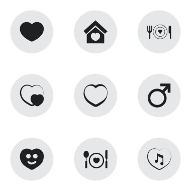 9 düzenlenebilir kalp simgeler kümesi. Erkek işareti, çatal bıçak takımı, şekil ve daha fazlası gibi simgeler içerir. Web, mobil, UI ve Infographic tasarımı için kullanılabilir.