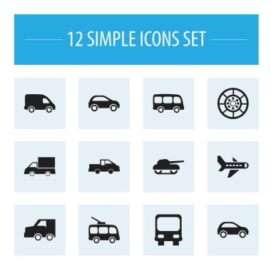 12 düzenlenebilir sevk irsaliyesi simgeler kümesi. Silah, uçak, Tur otobüsü ve daha fazlası gibi simgeler içerir. Web, mobil, UI ve Infographic tasarımı için kullanılabilir.