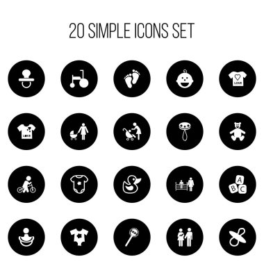 20 düzenlenebilir çocuk simgeler kümesi. Meme ucu, Pamuk Giyim, Maraca ve daha fazlası gibi simgeler içerir. Web, mobil, UI ve Infographic tasarımı için kullanılabilir.