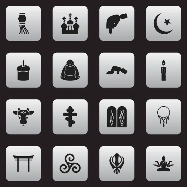 Набір з 16 редаговані дин іконок. Включає в себе символи, такі як Будда, Sajdah, пожежа воску і багато іншого. Може використовуватися для веб, мобільні, призначеного для користувача інтерфейсу і інфографіки дизайн. — стоковий вектор