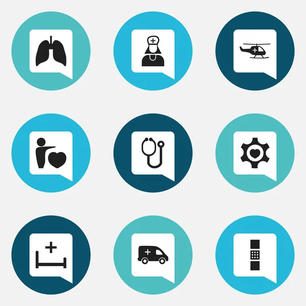 Conjunto de 9 iconos de cuidado editable. Incluye símbolos como corazón, órgano respiratorio, herramienta médica y más. Puede ser utilizado para el diseño de la tela, móvil, interfaz de usuario e infografía . — Vector de stock