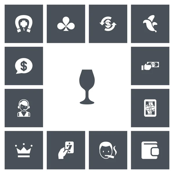 Set von 13 editierbaren Glücksspiel-Symbolen. enthält Symbole wie Wein, Coronet, Blackjack und mehr. kann für Web-, Mobil-, UI- und Infografik-Design verwendet werden. — Stockvektor