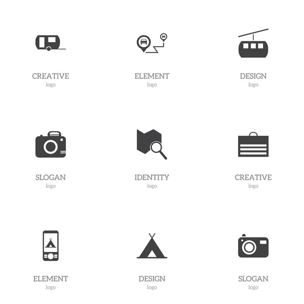 Набор из 9 настольных иконок. Includes Symbols such as Camping, Position Search, Photo Cam and more. Can be used for Web, Mobile, UI and Infographic Design . — стоковый вектор