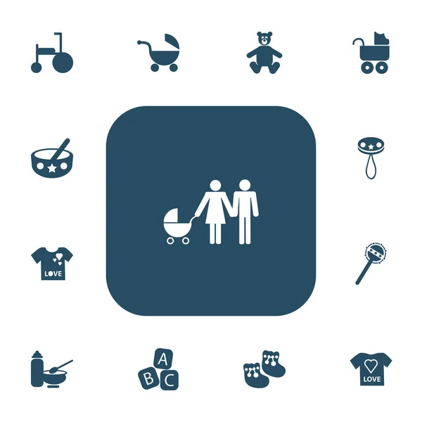 Conjunto de 13 iconos para niños editables. Incluye símbolos como la familia, la blusa, la nutrición y más. Puede ser utilizado para el diseño de la tela, móvil, interfaz de usuario e infografía . — Vector de stock