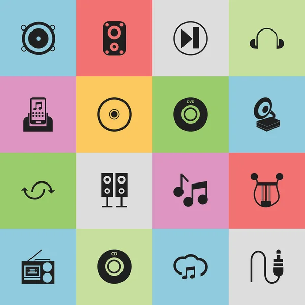 Set van 16 bewerkbare melodie iconen. Symbolen zoals vooruit, omvat Audio Note, muziek spreker en meer. Kan worden gebruikt voor Web, Mobile, Ui en Infographic Design. — Stockvector