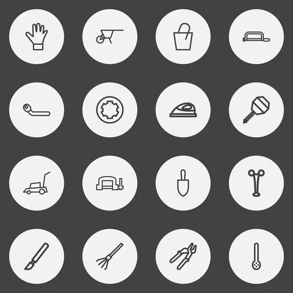 Conjunto de 16 iconos de contorno de instrumentos editables. Incluye símbolos tales como carro de mano, cubo, fórceps. Puede ser utilizado para el diseño de la tela, móvil, interfaz de usuario e infografía . — Vector de stock