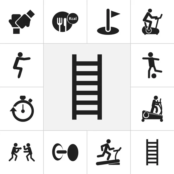 Set di 12 icone di esercizio modificabili. Include simboli come cronometro, forza, lotta e altro ancora. Può essere utilizzato per la progettazione web, mobile, UI e infografica . — Vettoriale Stock
