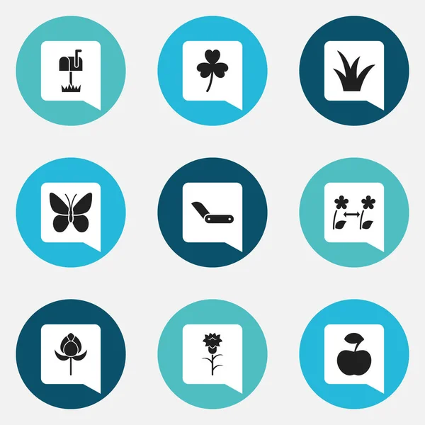 Set de 9 iconos de jardinería editables. Incluye símbolos como la cría, Tulipán, Trefoil y más. Puede ser utilizado para el diseño de la tela, móvil, interfaz de usuario e infografía . — Archivo Imágenes Vectoriales