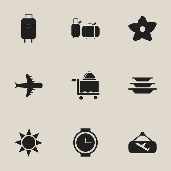 Set de 9 iconos de viaje editables. Incluye símbolos como reloj de pulsera, amanecer, platos y más. Puede ser utilizado para el diseño de la tela, móvil, interfaz de usuario e infografía . — Archivo Imágenes Vectoriales