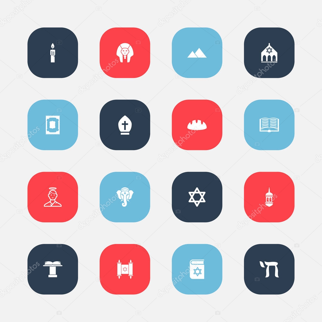 Set Of 16 Editable Religion Icons. Includes Symbols Such As Pope Headwear, Minaret, Baguette And More. Can Be Used For Web, Mobile, UI And Infographic Design.