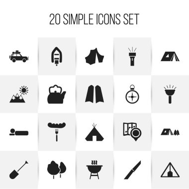 20 düzenlenebilir seyahat simgeler kümesi. Manzara, orman, çatal gibi simgeler içerir. Web, mobil, UI ve Infographic tasarımı için kullanılabilir.