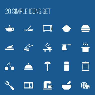20 düzenlenebilir gıda simgeler kümesi. Kavun dilimi, his, şarap açacağı ve daha fazlası gibi simgeler içerir. Web, mobil, UI ve Infographic tasarımı için kullanılabilir.