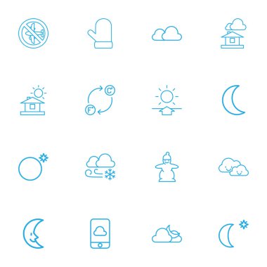 16 düzenlenebilir iklim anahat simgeleri ayarlayın. Moon, eldiven, bulutlu gibi simgeler içerir ve daha fazlası. Web, mobil, UI ve Infographic tasarımı için kullanılabilir.